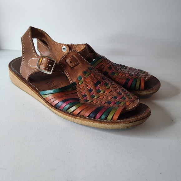 Vintage Mexican Leather Huarache Sandals – Multicolor Woven Flats - Picture 2 of 6